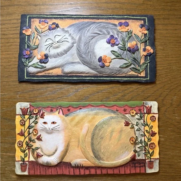 Set of 2 E. Smithson Cat Folk Art Resin Wall 3D Plaque Home Decor 8X4" - Picture 5 of 5